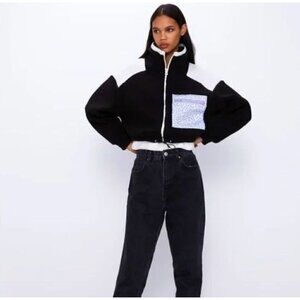ZARA Contrast Pocket Fleece Jacket Black White Leopard Size M
